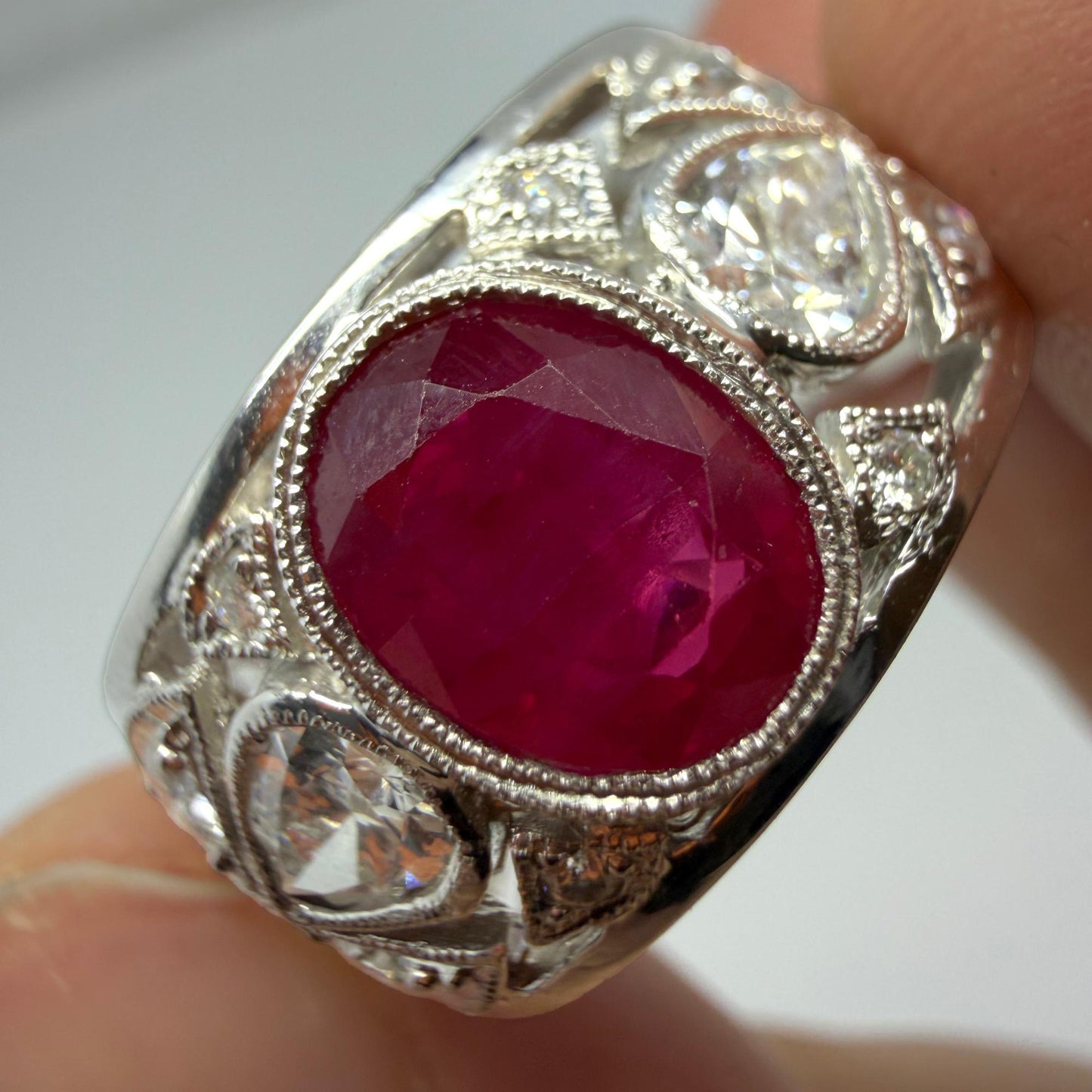 18K White Gold 2.04 Carats Oval Cut Ruby and Diamond Wide Band Ring - Size 6.5