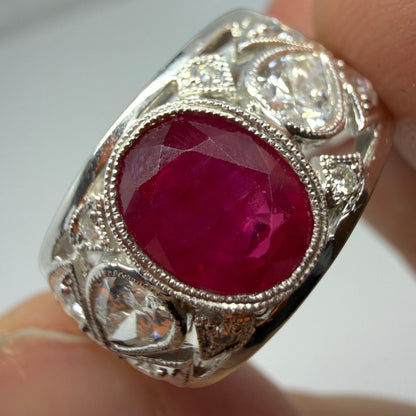 18K White Gold 2.04 Carats Oval Cut Ruby and Diamond Wide Band Ring - Size 6.5