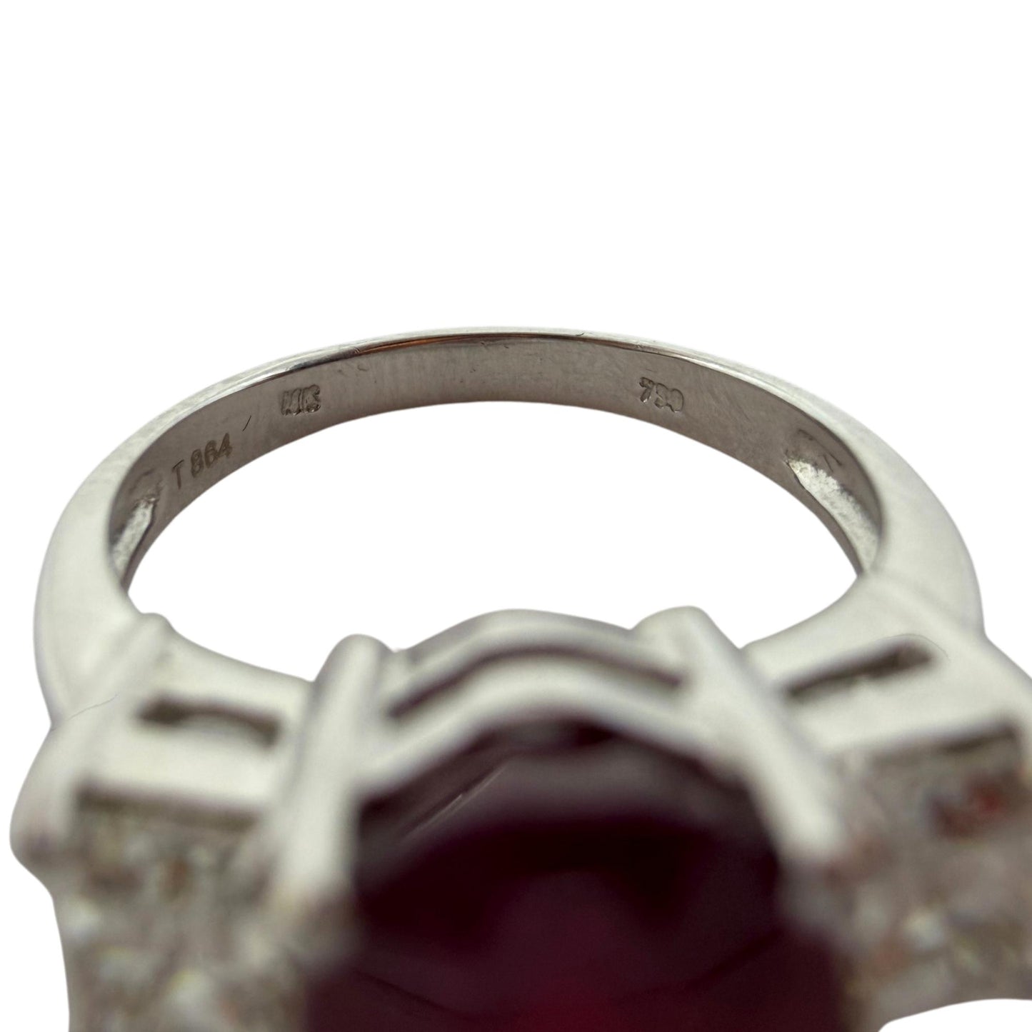 18K White Gold Asscher Cut Diamond and African Ruby Three Stone Ring - Size 6.75