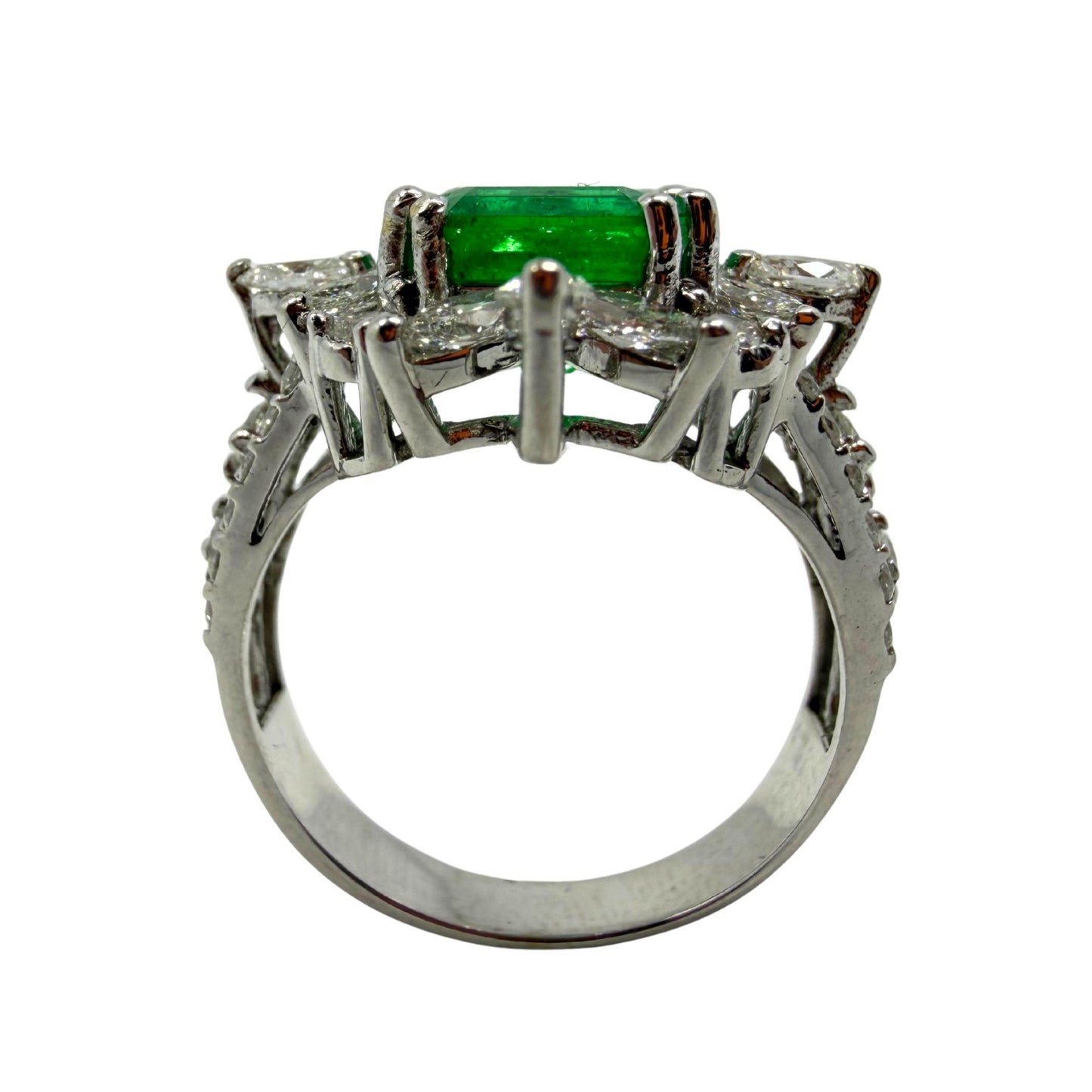18K White Gold 2.17 carat Emerald and Marquise Cut Diamond Ring - Size 6.5