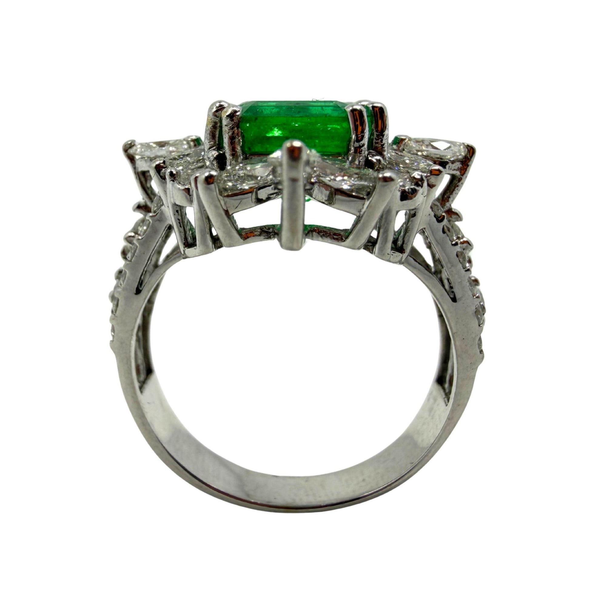18K White Gold 2.17 carat Emerald and Marquise Cut Diamond Ring - Size 6.5