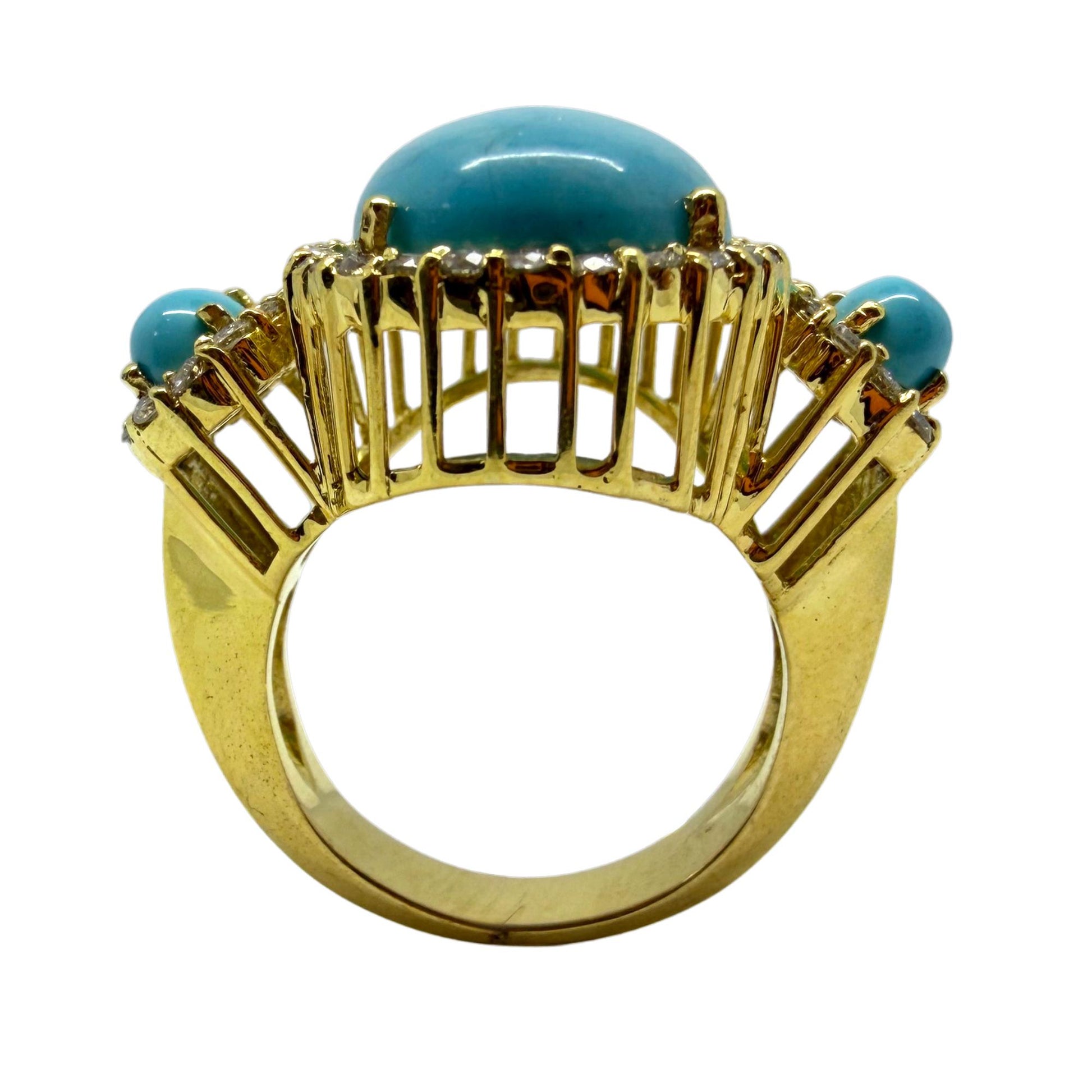 18K Yellow Gold Diamond and Turquoise Three Stone Cocktail Ring - Size 7