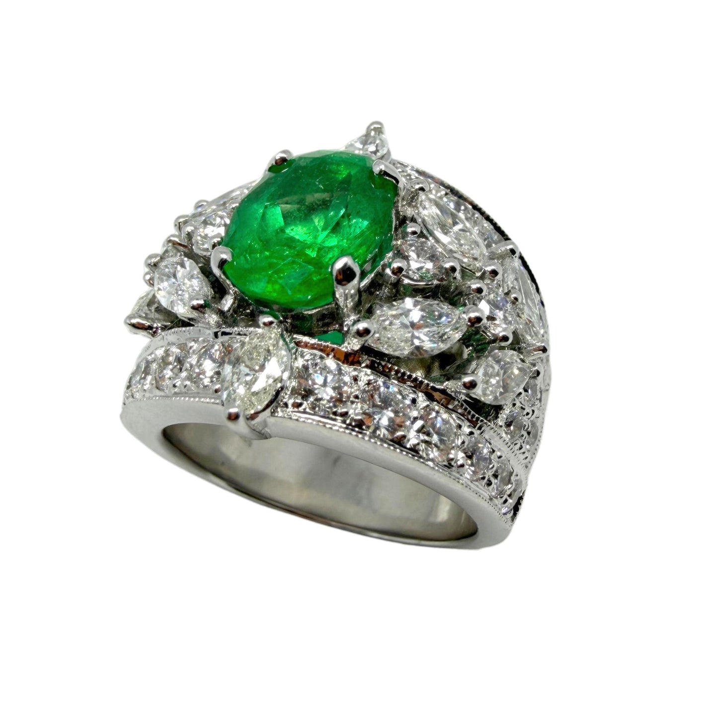 18K White Gold 2.95 Carat Oval Emerald and Marquise Cut Diamond Wide Band Ring
