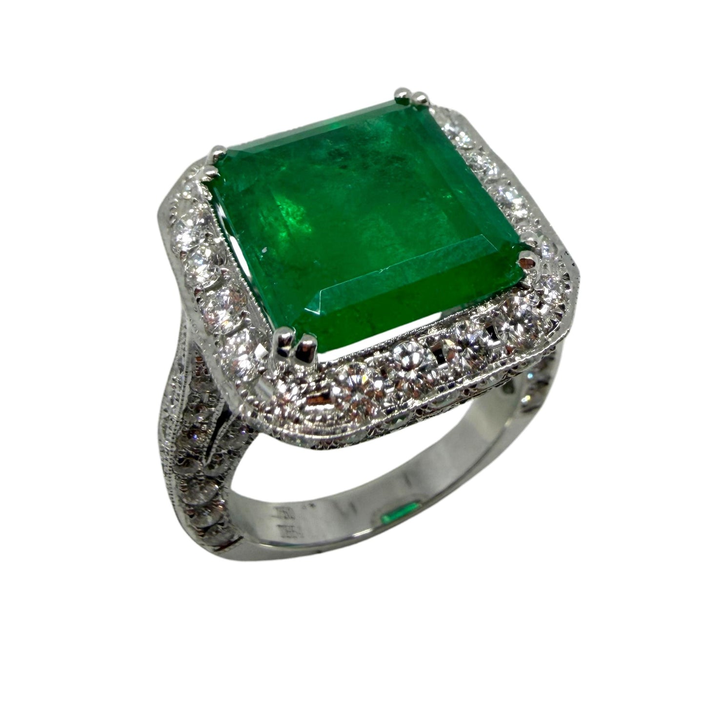 18K White Gold 6.58 Carat Emerald Cut Emerald and Diamond Ring -Size 7