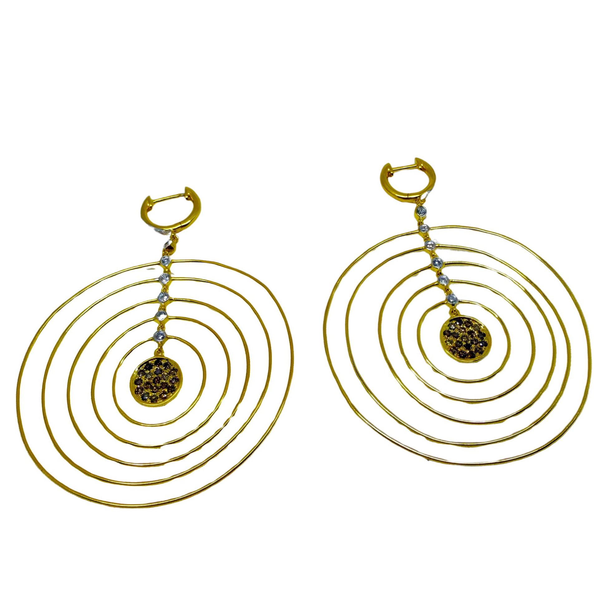 18K Yellow Gold White & Brown Diamond Concentric Circle Drop Earrings