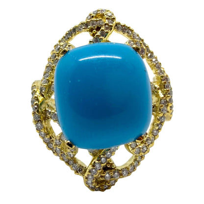 18K Yellow Gold Diamond and Turquoise Ring - Size 6.5