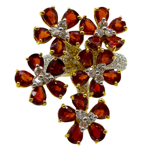 18K Yellow Gold 5.17 Carat Pear Cut Ruby and Diamond Flower Cocktail Ring