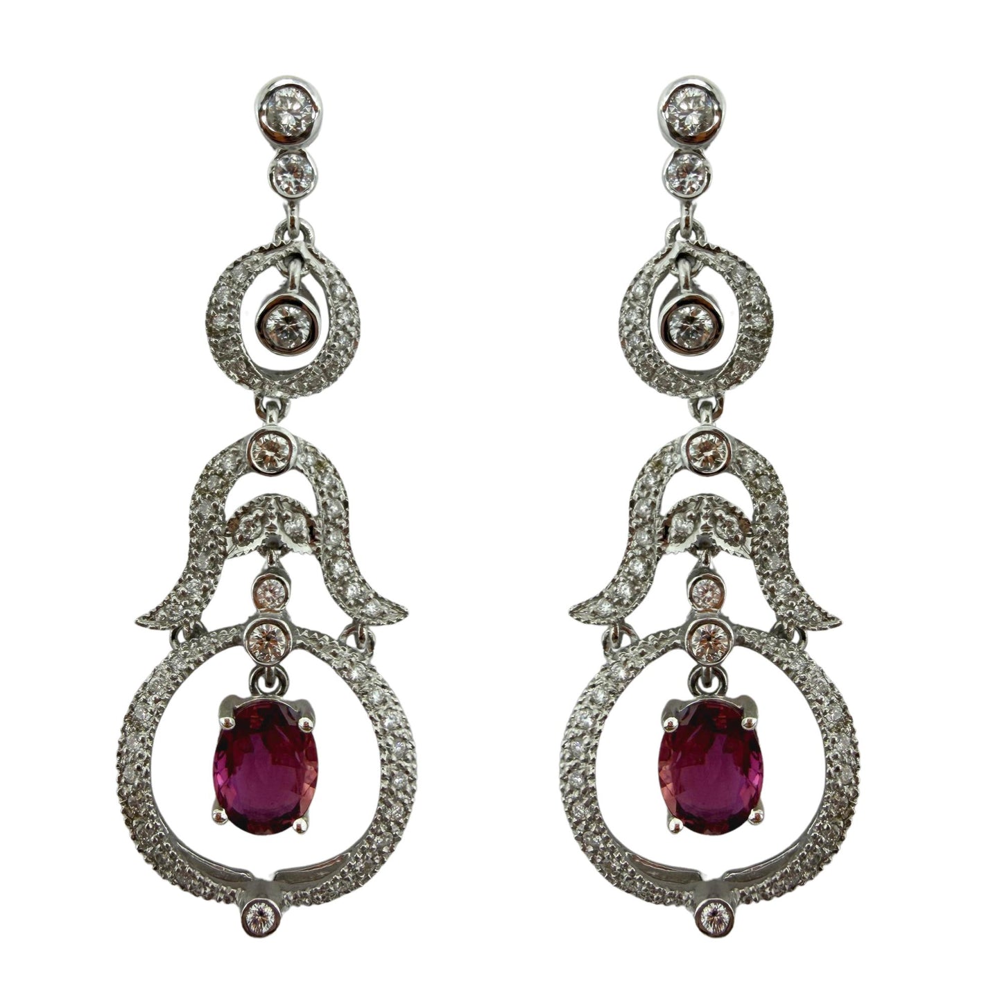 18K White Gold Diamond and 2.52 Carat Oval Cut Ruby Drop Earrings