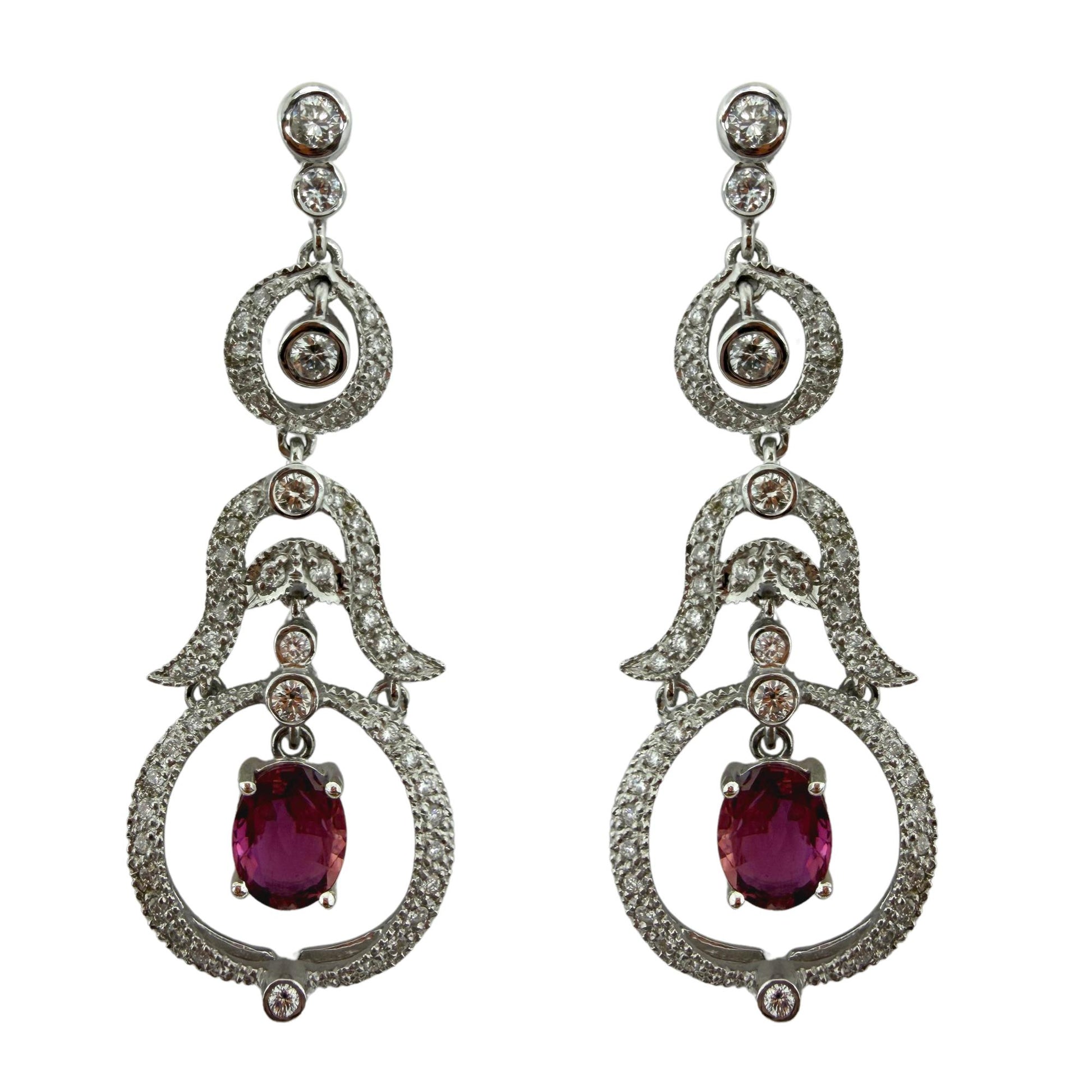 18K White Gold Diamond and 2.52 Carat Oval Cut Ruby Drop Earrings