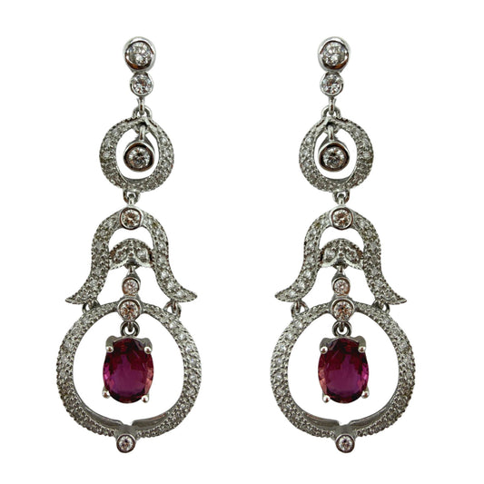18K White Gold Diamond and 2.52 Carat Oval Cut Ruby Drop Earrings
