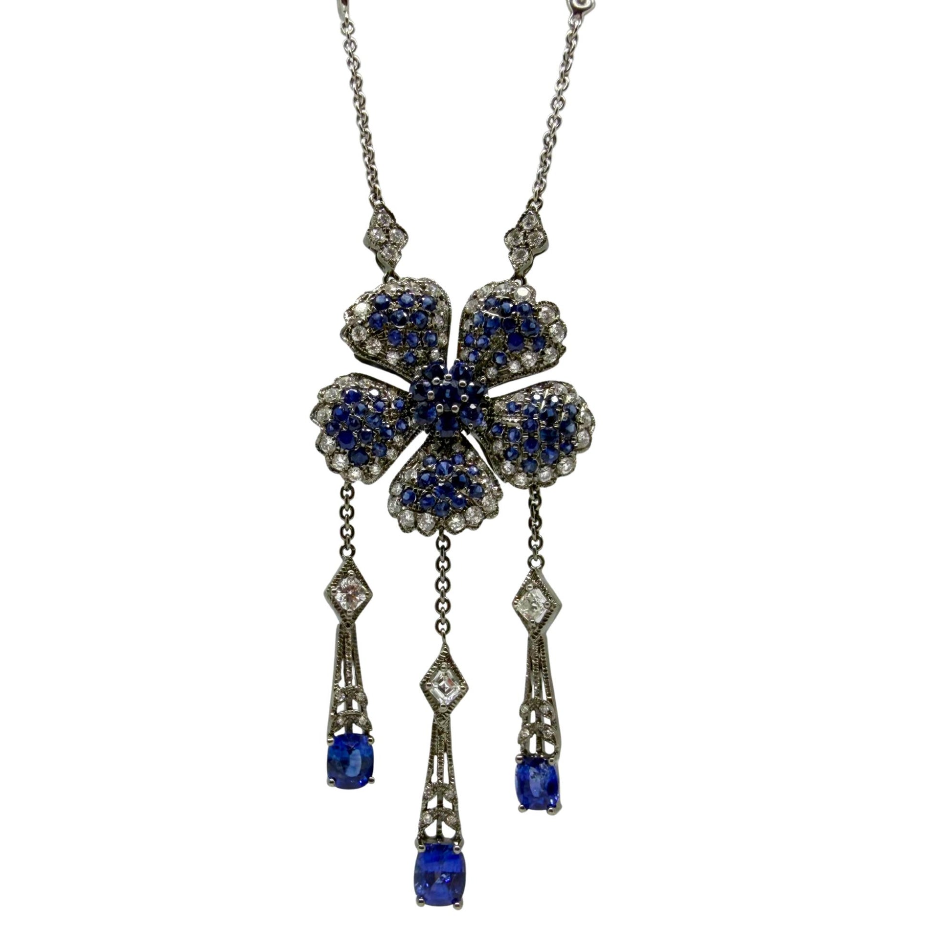 Vintage Inspired 18K Diamond and 6.67 Carat Sapphire Flower Drop Necklace