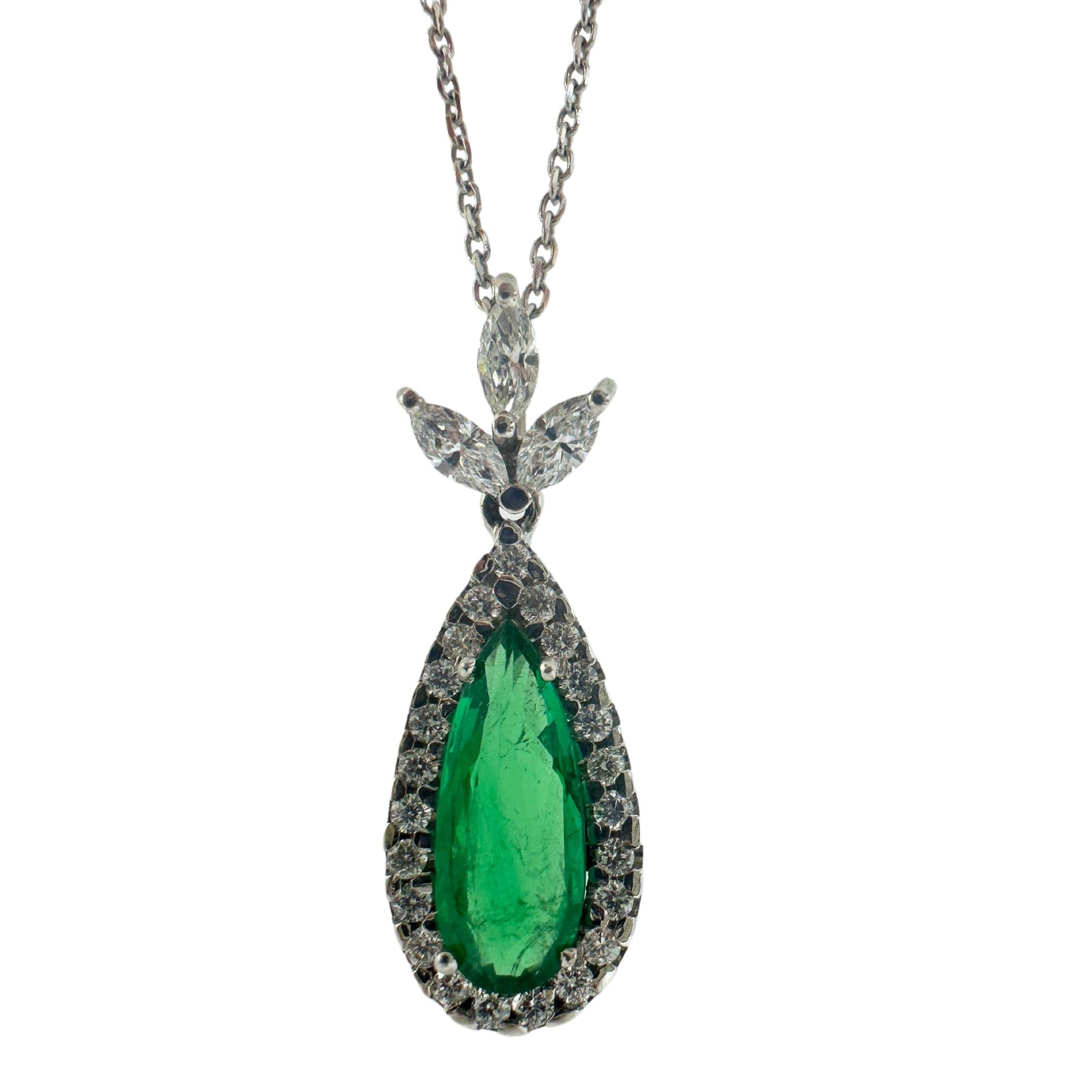 18K White Gold Marquise Cut Diamond and Pear Cut Emerald Pendant Necklace