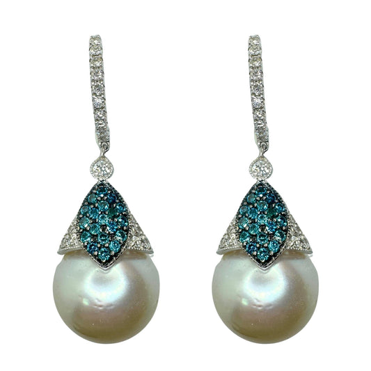 14k Blue and White Diamond Pearl Earrings