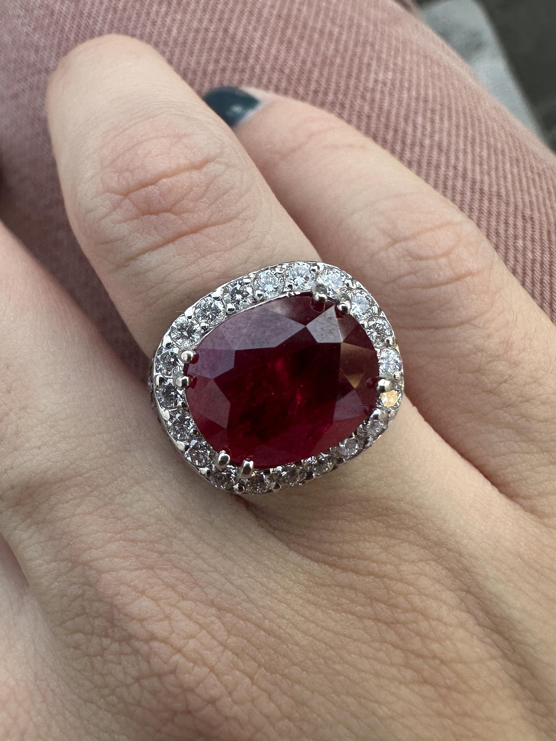 18k White Gold 5.11 Carat Checkered Ruby and Black and White Diamond Ring