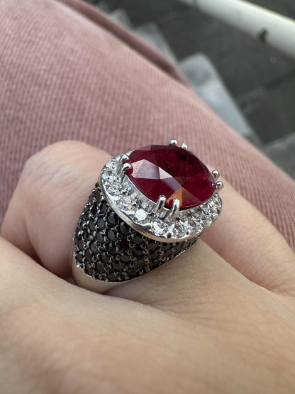 18k White Gold 5.11 Carat Checkered Ruby and Black and White Diamond Ring