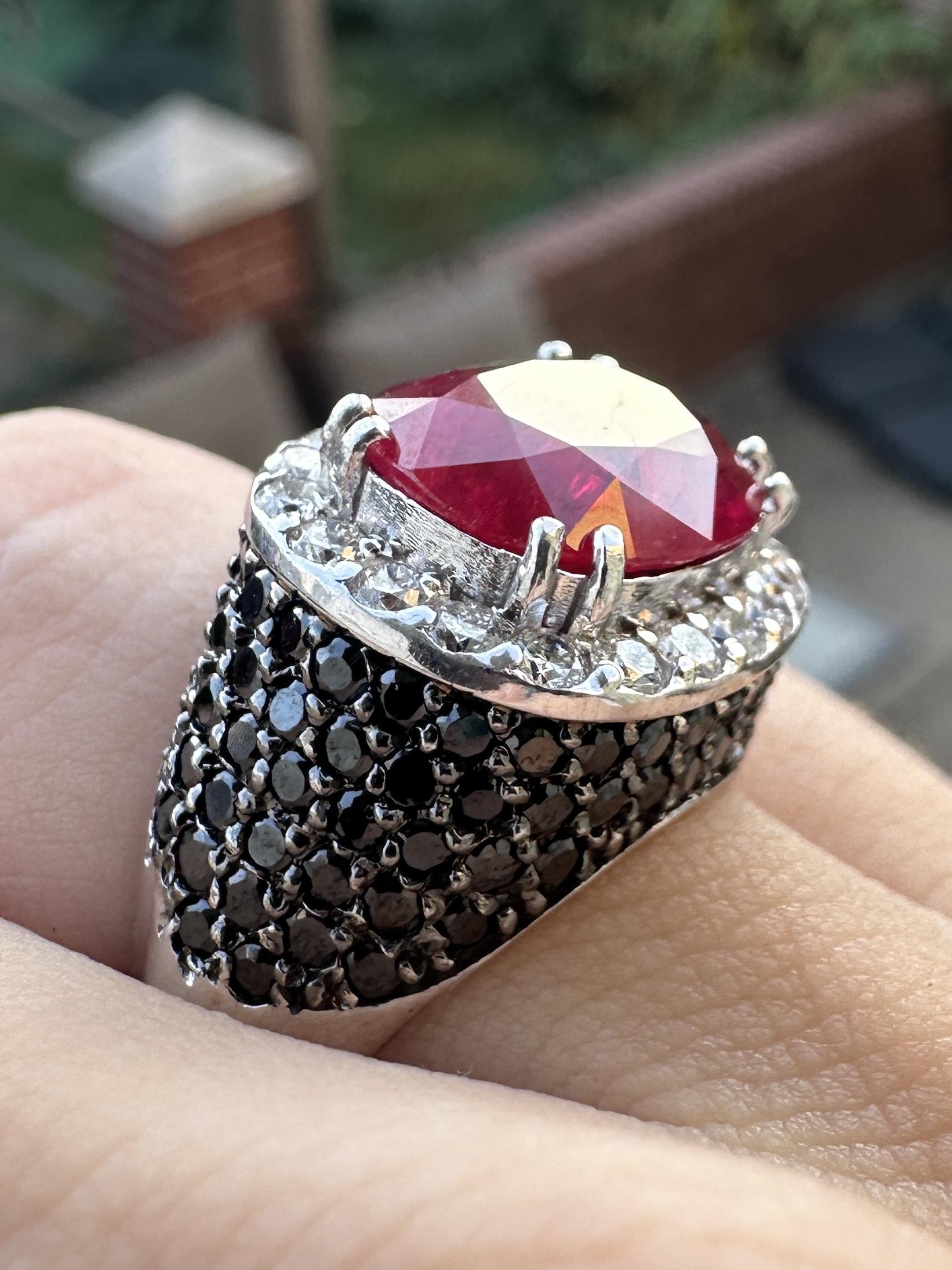 18k White Gold 5.11 Carat Checkered Ruby and Black and White Diamond Ring