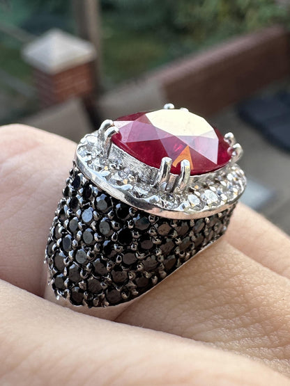 18k White Gold 5.11 Carat Checkered Ruby and Black and White Diamond Ring