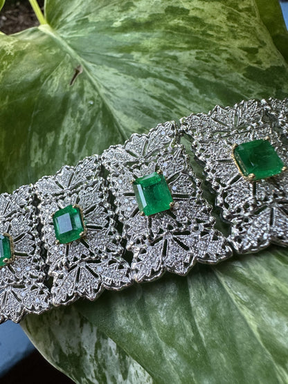 18K White Gold 13.94 Carat Emerald and Diamond Bracelet - 8 Inches