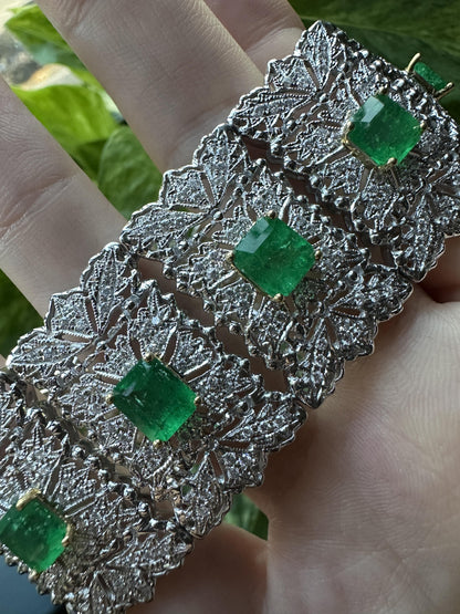 18K White Gold 13.94 Carat Emerald and Diamond Bracelet - 8 Inches