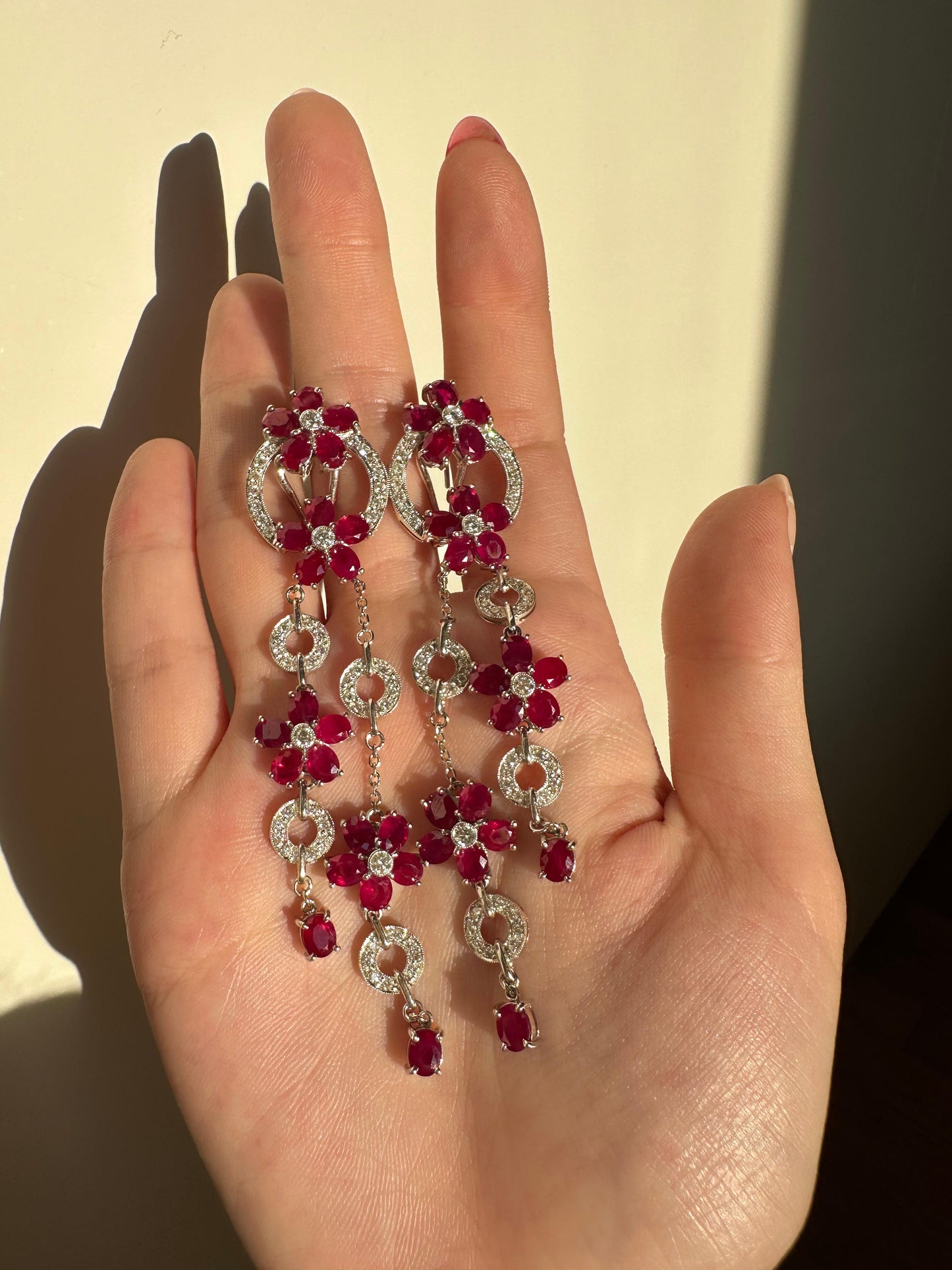 14K White Gold Diamond and 19.71 Carat Oval Ruby Flower Drop Earrings