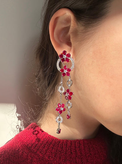14K White Gold Diamond and 19.71 Carat Oval Ruby Flower Drop Earrings