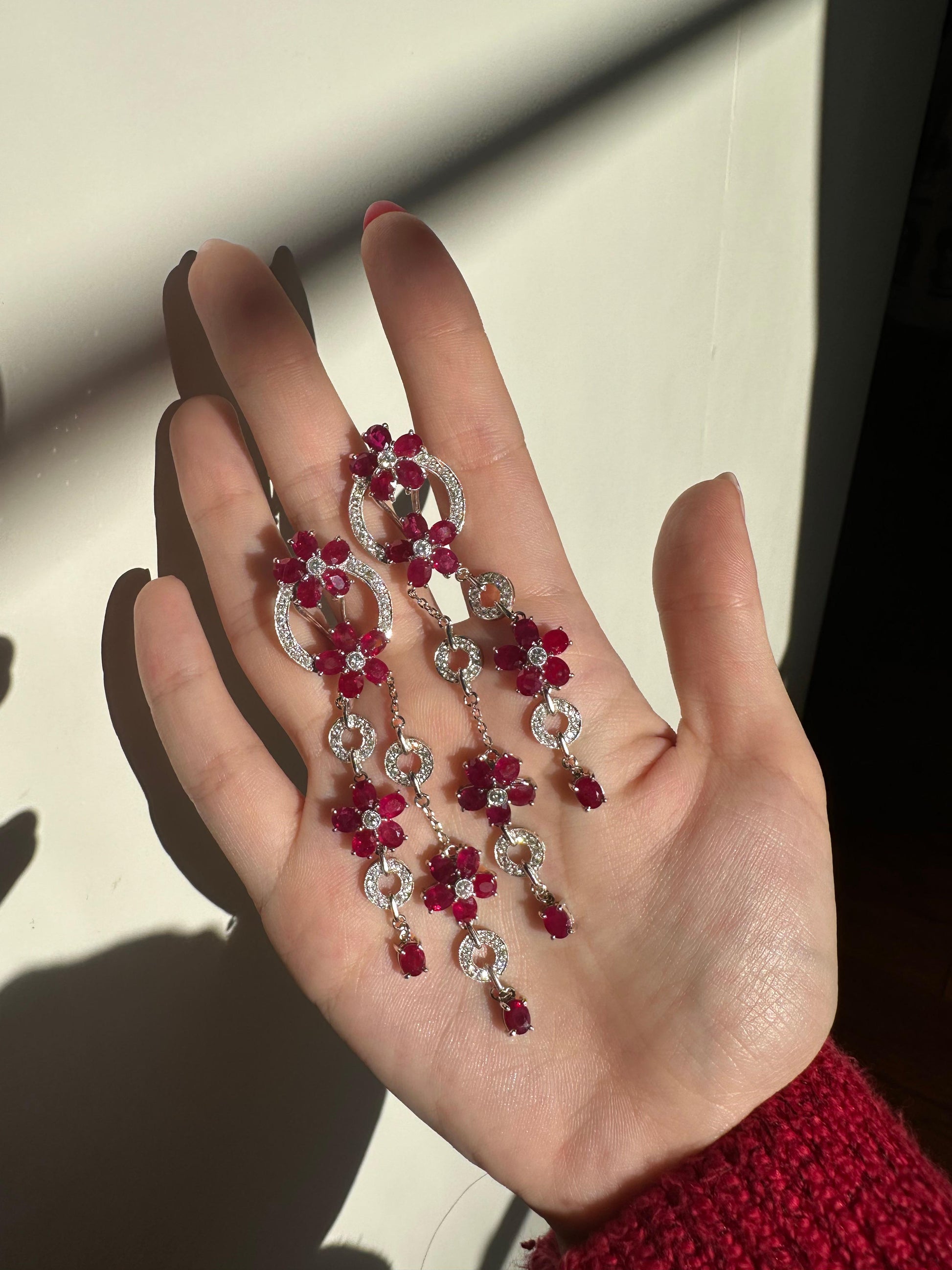 14K White Gold Diamond and 19.71 Carat Oval Ruby Flower Drop Earrings