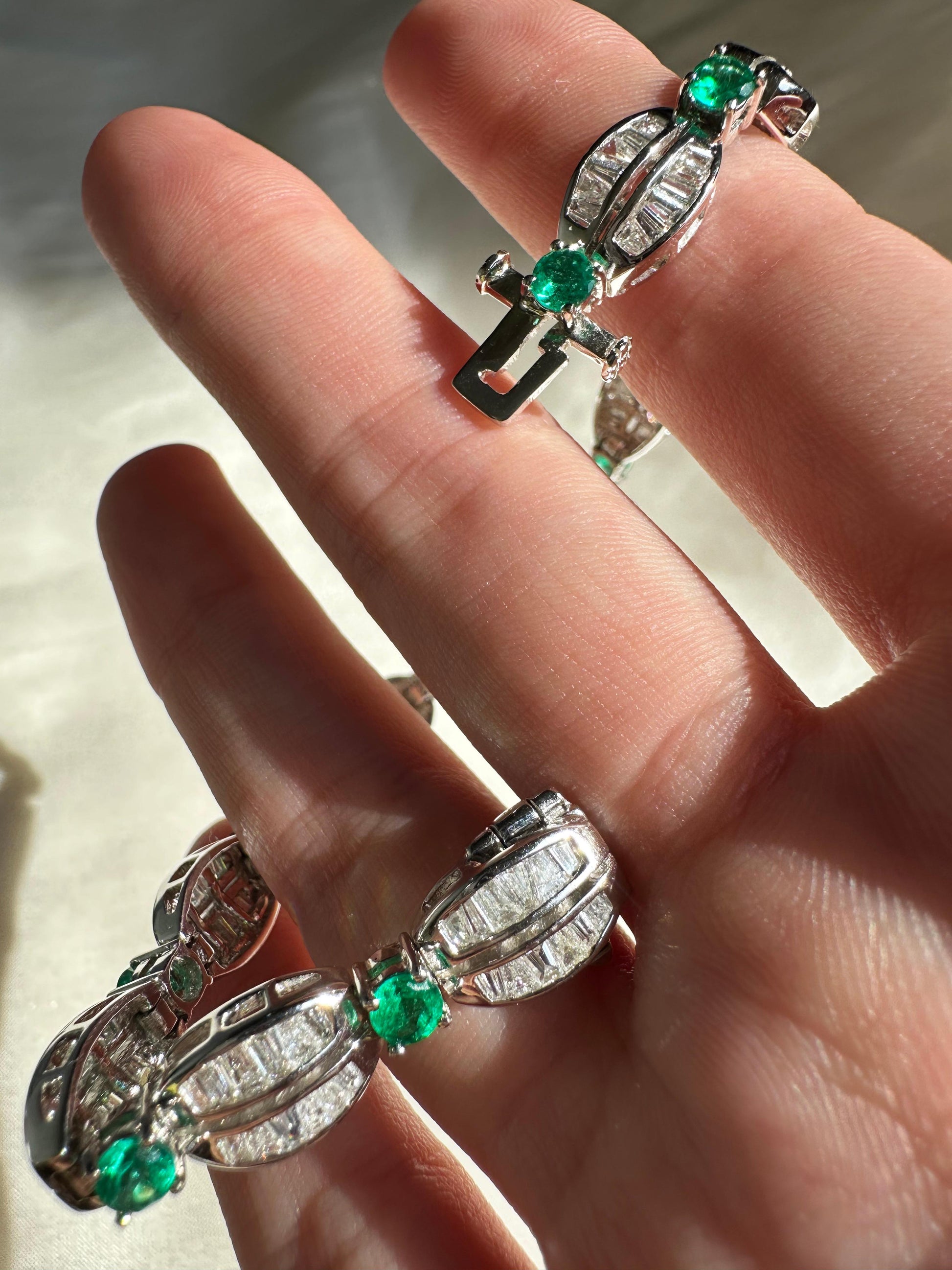 18K White Gold Tapered Baguette Diamond and Emerald Bracelet
