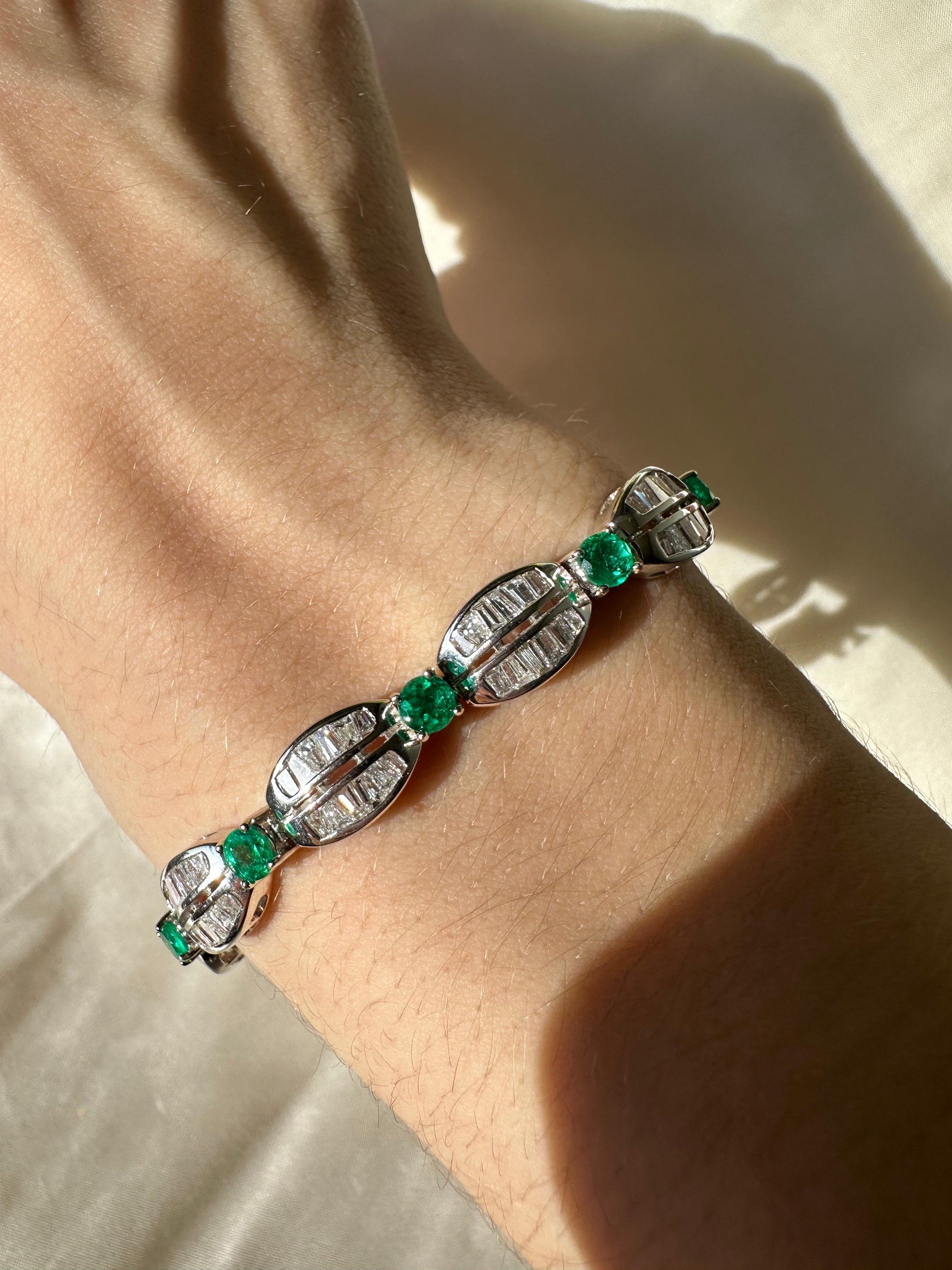 18K White Gold Tapered Baguette Diamond and Emerald Bracelet