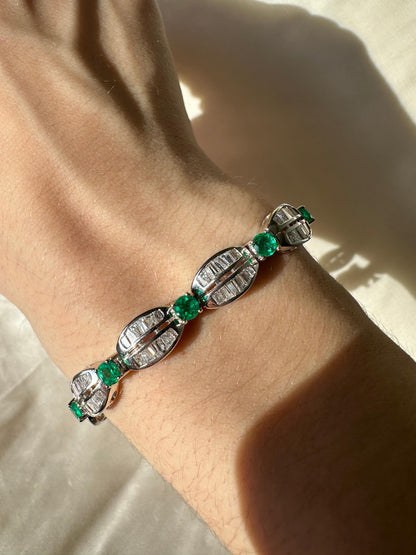 18K White Gold Tapered Baguette Diamond and Emerald Bracelet