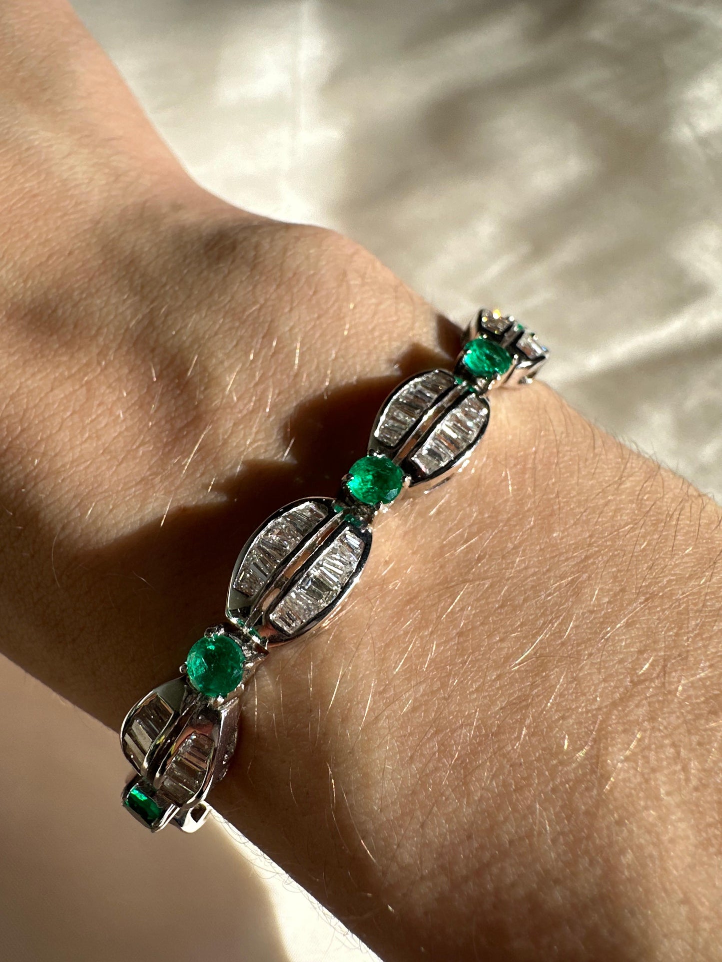 18K White Gold Tapered Baguette Diamond and Emerald Bracelet
