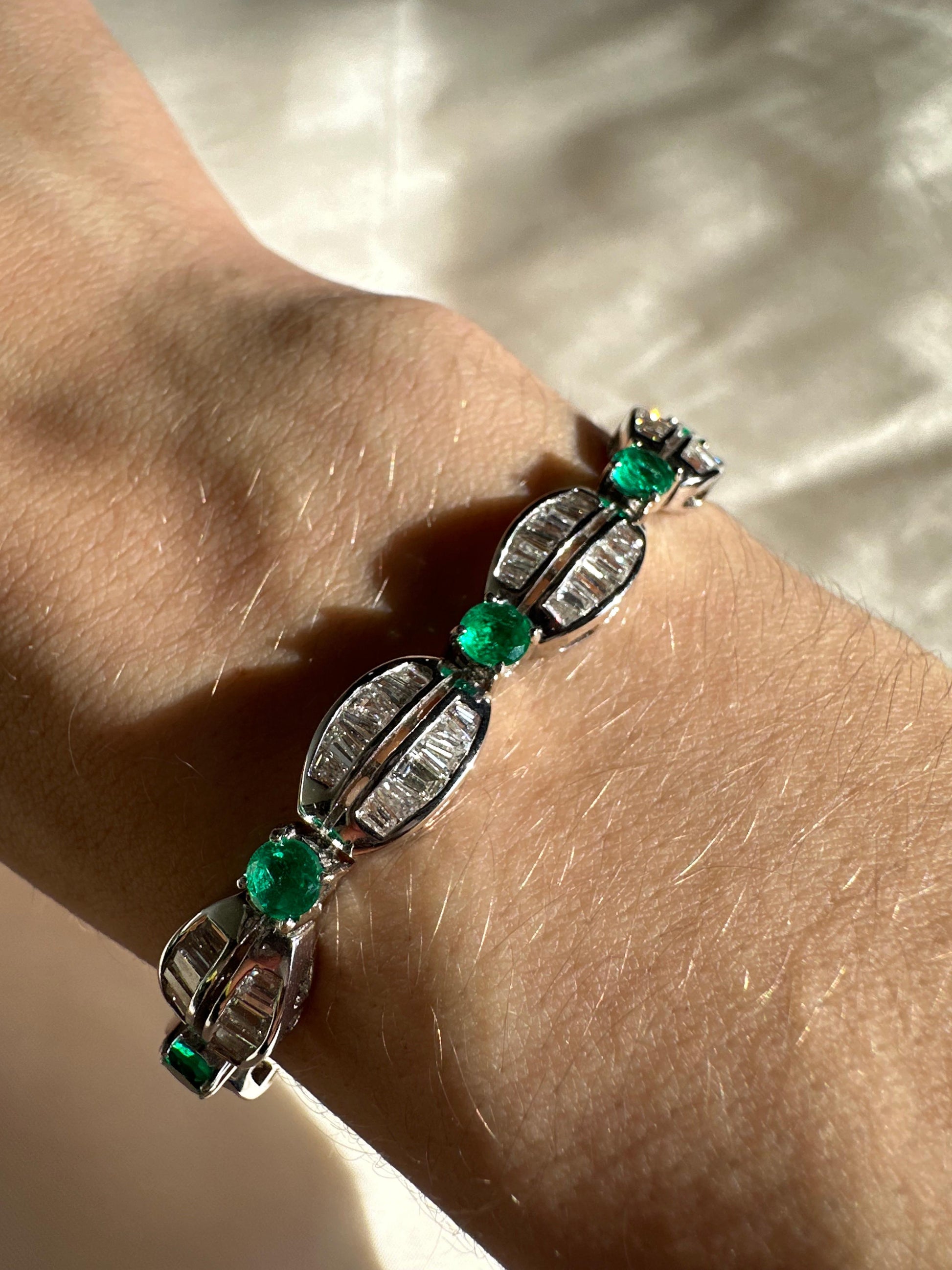 18K White Gold Tapered Baguette Diamond and Emerald Bracelet