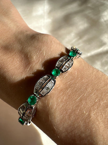 18K White Gold Tapered Baguette Diamond and Emerald Bracelet