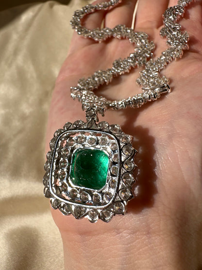 18K White Gold 9.30 Ct. Cushion Columbian F2 Emerald and Diamond Drop Necklace