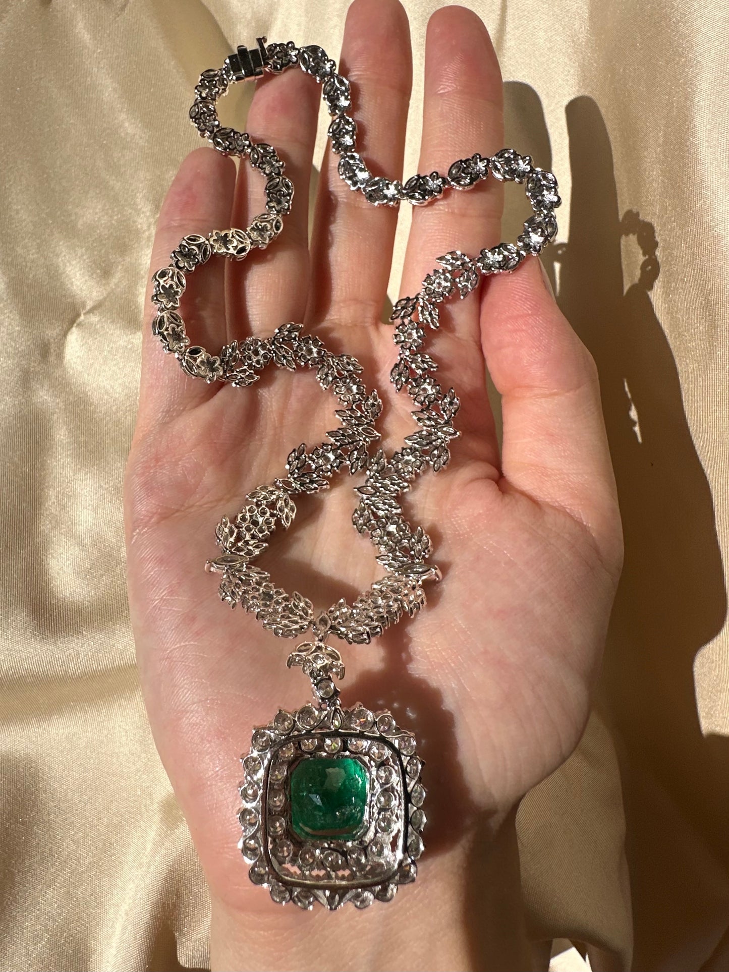 18K White Gold 9.30 Ct. Cushion Columbian F2 Emerald and Diamond Drop Necklace