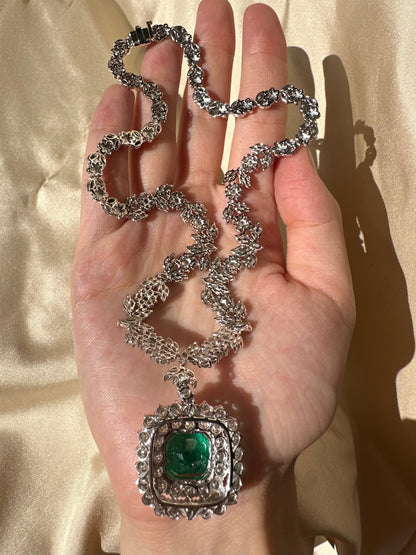 18K White Gold 9.30 Ct. Cushion Columbian F2 Emerald and Diamond Drop Necklace