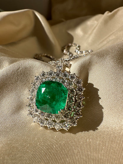 18K White Gold 9.30 Ct. Cushion Columbian F2 Emerald and Diamond Drop Necklace