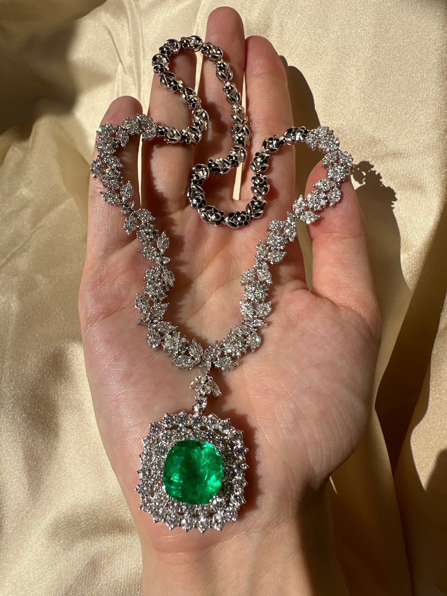 18K White Gold 9.30 Ct. Cushion Columbian F2 Emerald and Diamond Drop Necklace