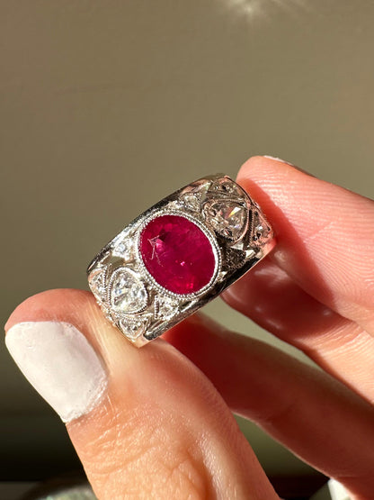 18K White Gold 2.04 Carats Oval Cut Ruby and Diamond Wide Band Ring - Size 6.5