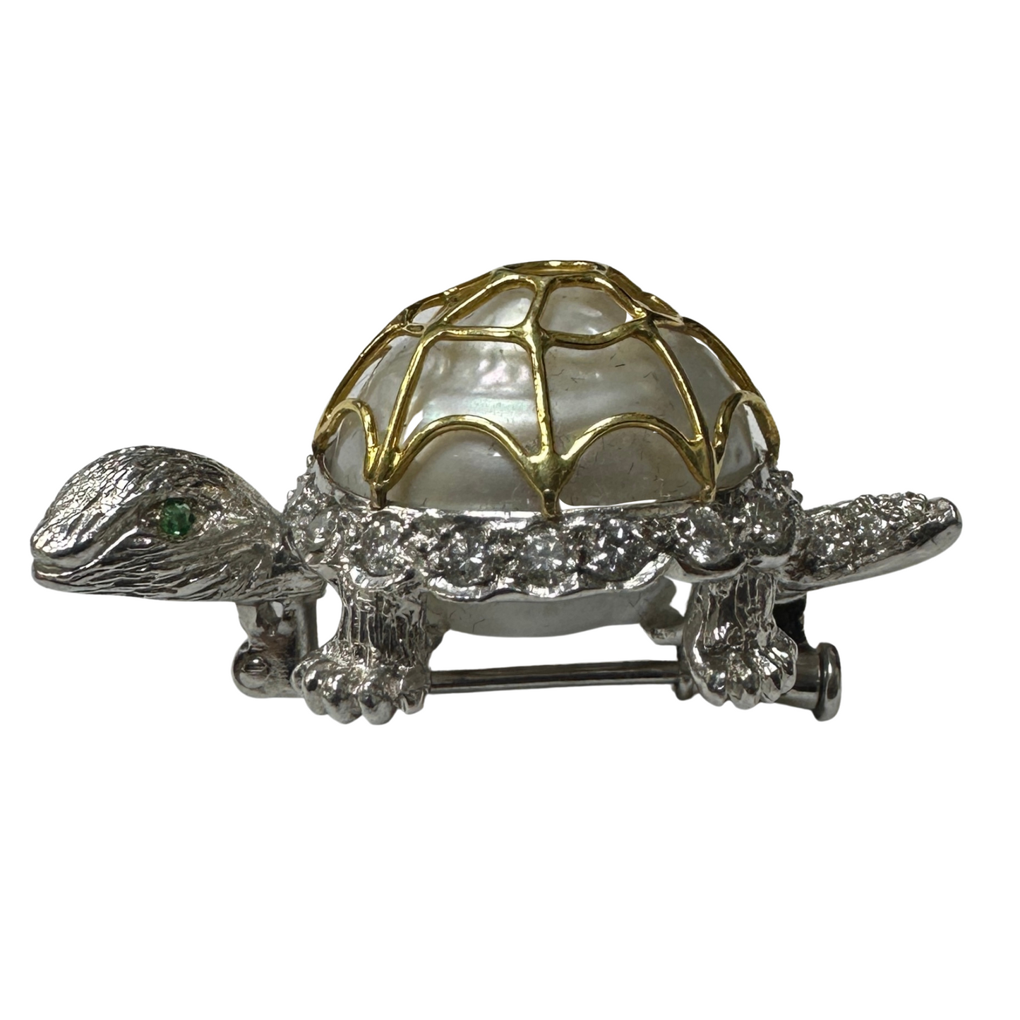 14k Diamond, Pearl and Emerald Turtle Brooch