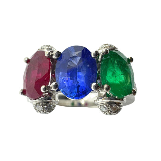 18K Diamond, Sapphire, Emerald and Ruby Ring