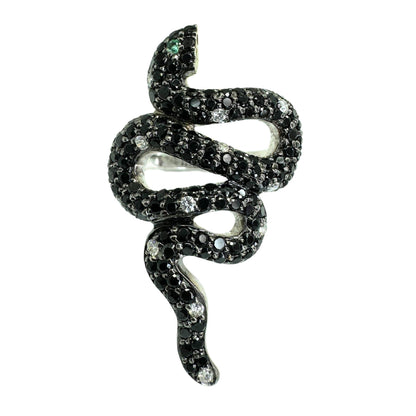 18K Black and White Diamond and Emerald Snake Ring