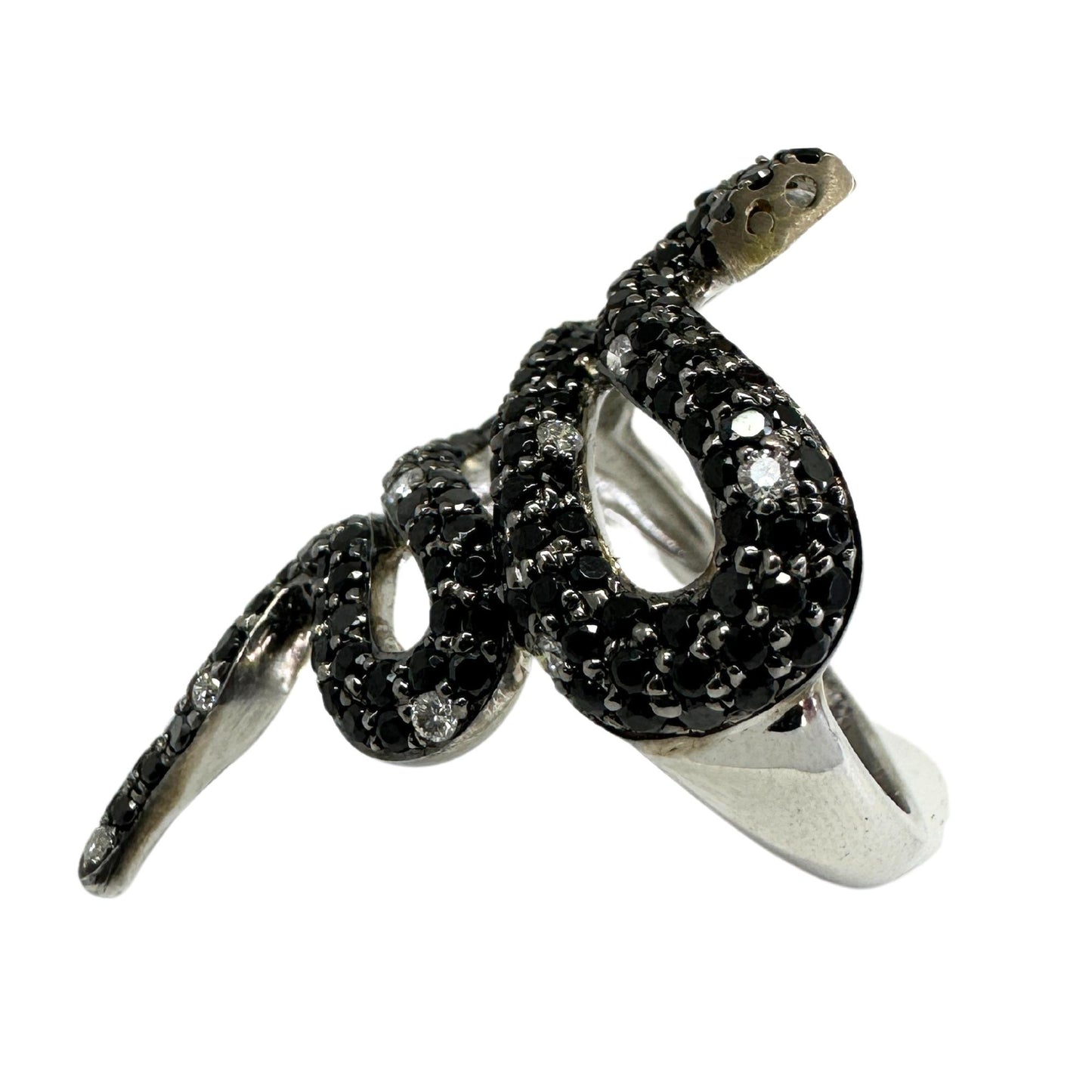 18K Black and White Diamond and Emerald Snake Ring