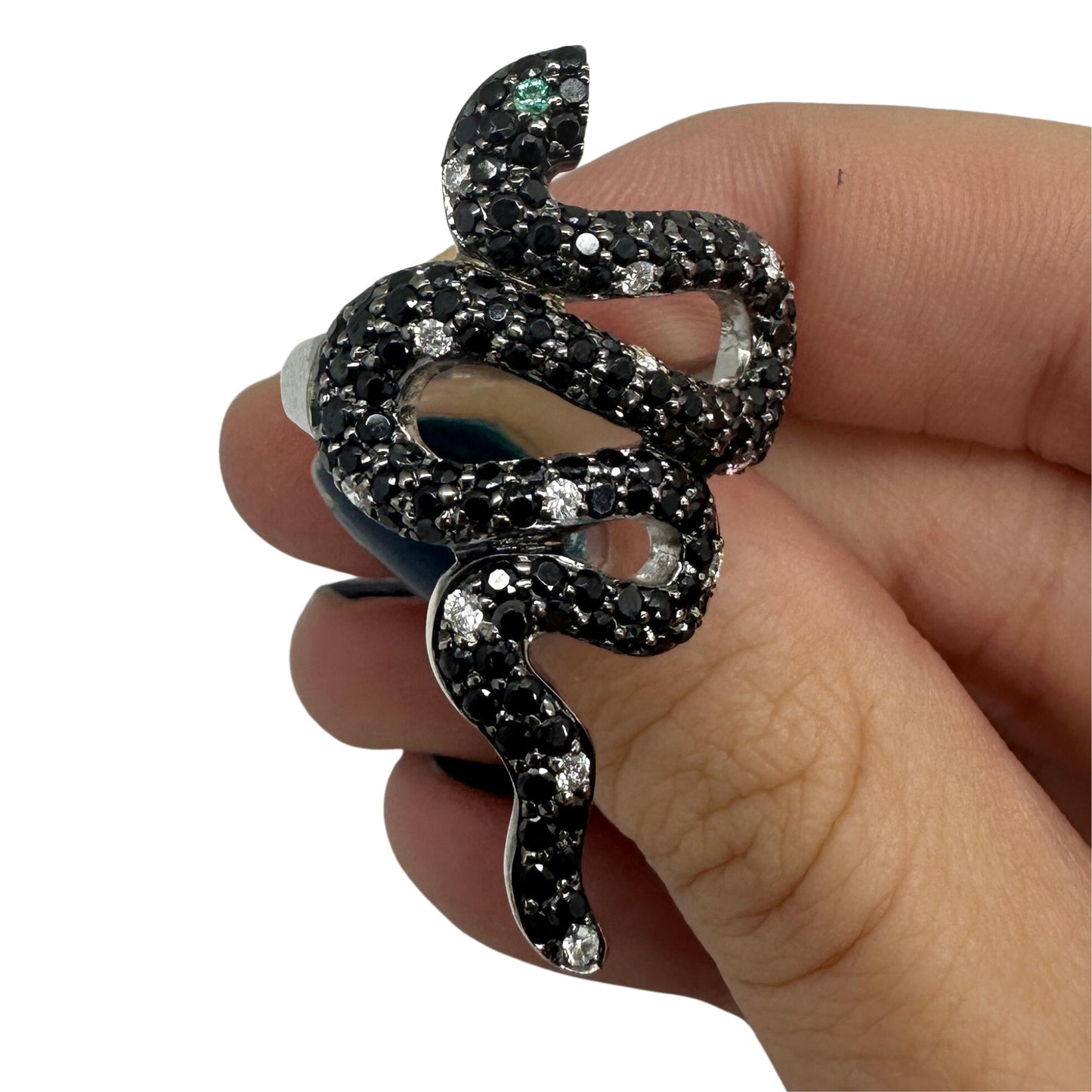 18K Black and White Diamond and Emerald Snake Ring