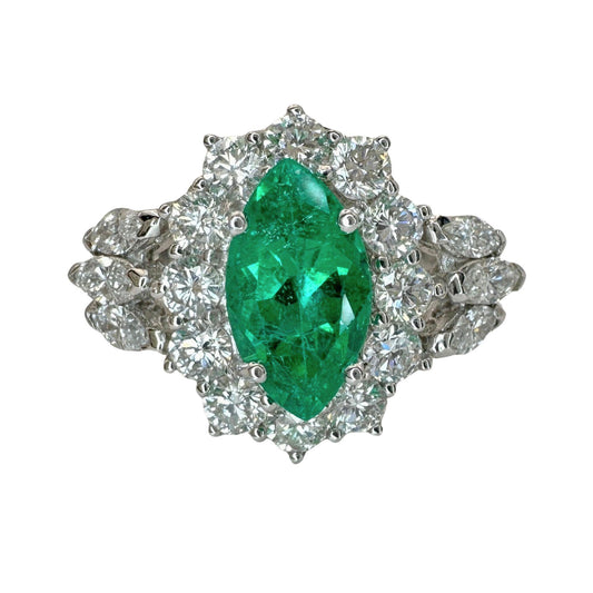 18k Diamond and Marquise Cut Emerald Ring