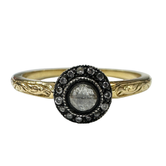 18k Hand Engraved Rose Cut Diamond Ring