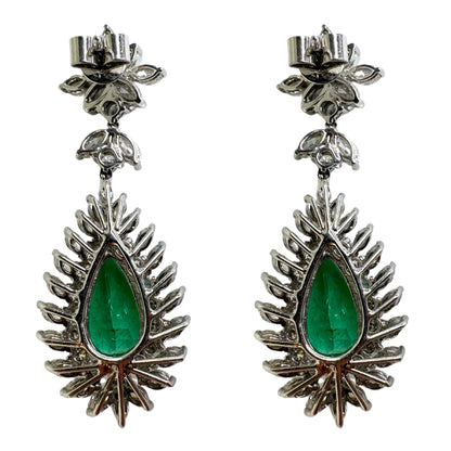 18k Marquise Cut Diamond and Pear Cut Emerald Earrings