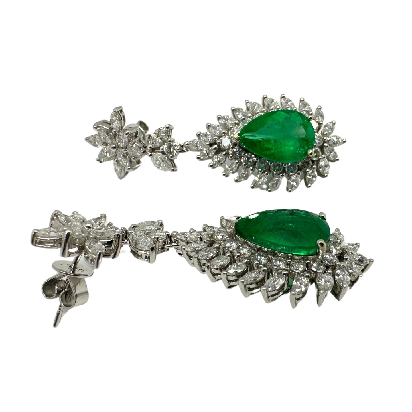 18k Marquise Cut Diamond and Pear Cut Emerald Earrings