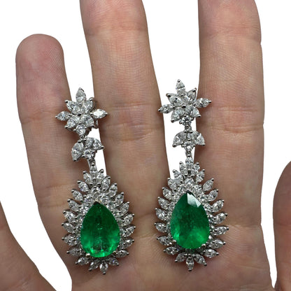 18k Marquise Cut Diamond and Pear Cut Emerald Earrings