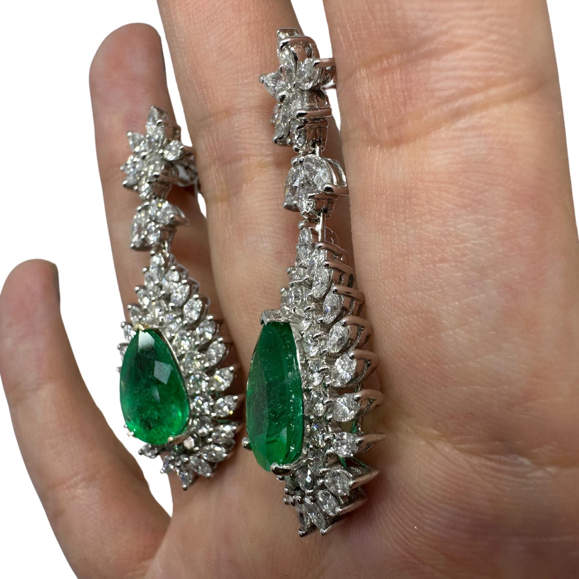 18k Marquise Cut Diamond and Pear Cut Emerald Earrings