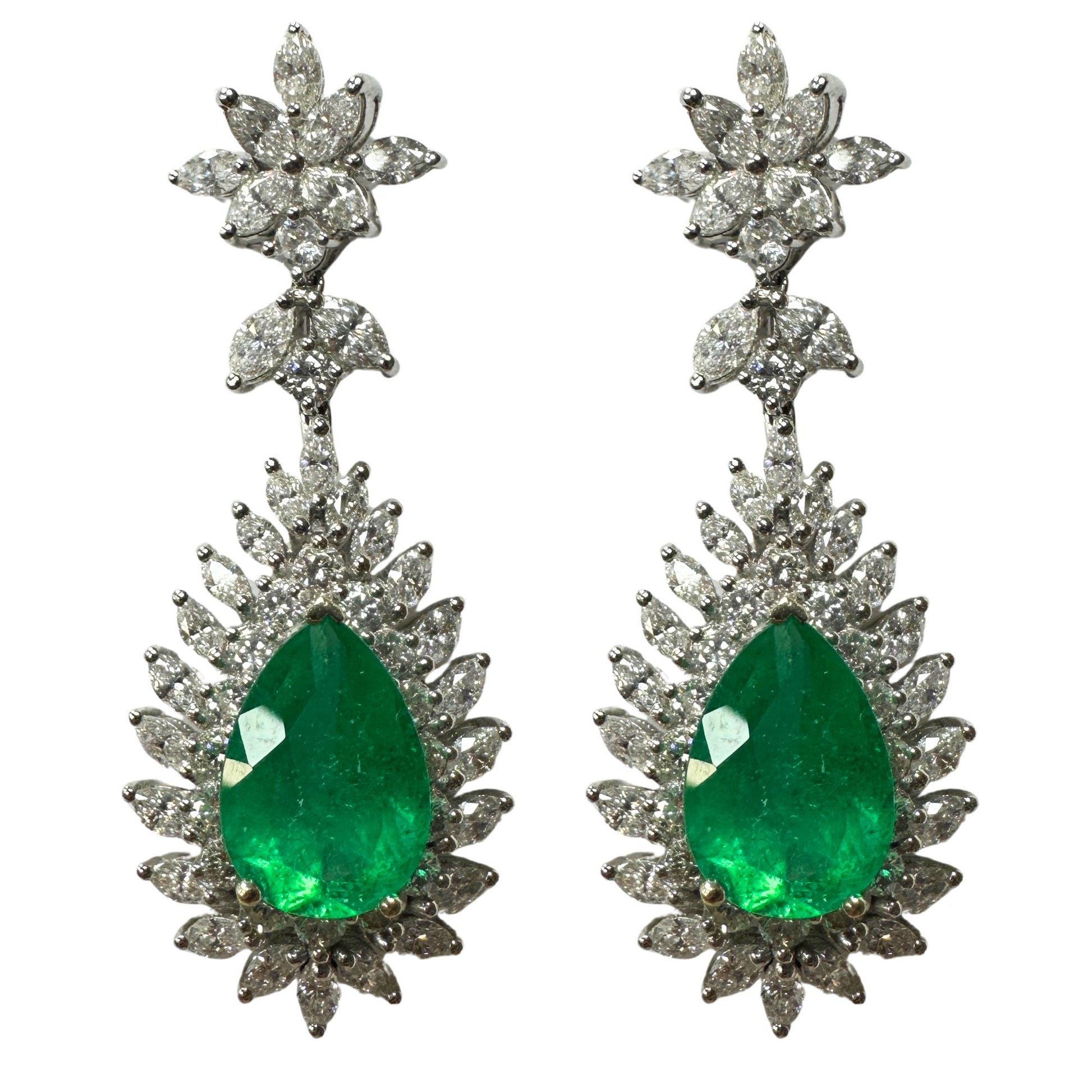 18k Marquise Cut Diamond and Pear Cut Emerald Earrings